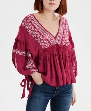 American Eagle Embroidered Boho Top Sz XL Pink Balloon Sleeves thumbnail 1