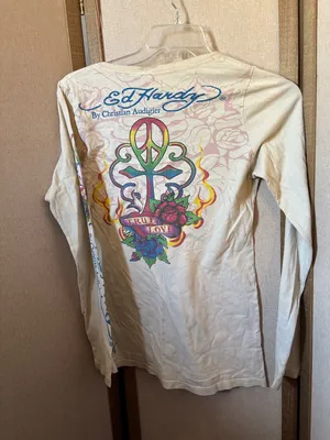 Christian Audigier Cream Long-Sleeve 'True Love' Graphic Tee Large thumbnail 4