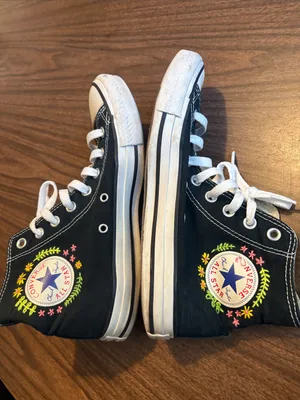 Converse Men 7 Women 9 Black High Top Sneakers Pink & Yellow Floral Embroidery thumbnail 3