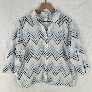 Alfred Dubber Cotton Ombré‎ Blue Eyelet Embroidered 3/4 Sleeve Button Up Shirt L thumbnail 1