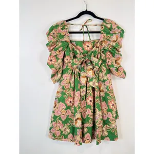 Misa Dress Green Kate Mini Ruched Puffed Floral Pintuck Tie Back A Line Boho XS thumbnail 9