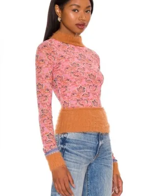 Free People Cosmo Cuff Fuzzy Furry Mesh Sheer Pink Combo Rose Long Sleeve Top XL thumbnail 5