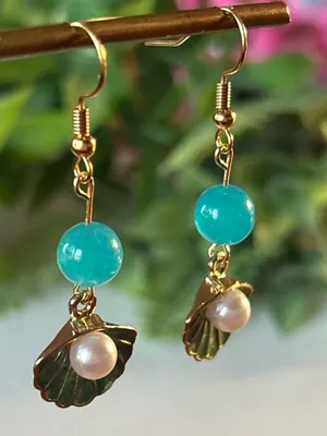 Handmade Amazonite shell earrings with faux pearl detail thumbnail 3