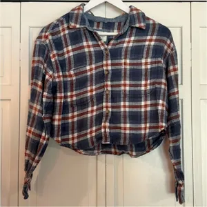 American Eagle cozy cabin cropped blue plaid flannel xsmall thumbnail 4