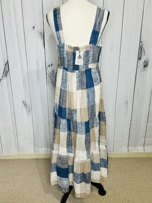 Easel Los Angeles Patchwork Midi Dress Womens Sz L Blue Tan Boho Textured NWT thumbnail 8