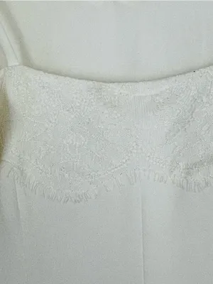 Fame and Partners white lace trim spaghetti strap slip cut gown front slit 8 thumbnail 6