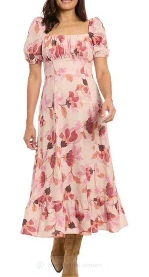 London Times Floral Linen Puff Midi Dress Pink 10 Boho resort whimsigoth cottage dainty roman thumbnail 1