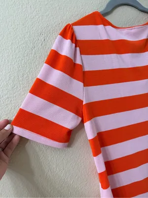 CATO Ribbed Striped Heart Neck Top Size L Pink Orange Puff Sleeve Stretch Knit thumbnail 3