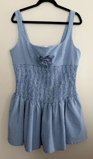 Maeve Smocked Rosette Drop-Waist Mini Blue Gingham Dress Women's Size XL thumbnail 1