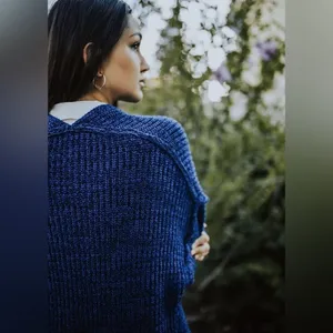 Free People High Hopes Chunky Knit Open‎ Front Cardigan in Blue Combo Size Large thumbnail 2