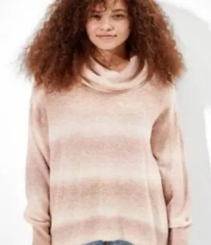 American Eagle Tan Cream Pink Striped Cowl Neck Hi Low Oversized Sweater Size XS thumbnail 1
