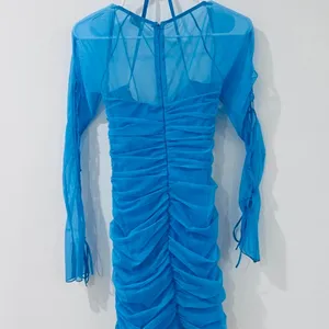 Oh Polly Blue Ruched Mesh Mini Dress US 6 Y2K Bodycon Sheer Sleeve Party thumbnail 6