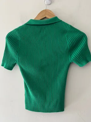 NEW!! Aerie‎ Green Ribbed Cropped Sweater Polo Wool Blend thumbnail 4