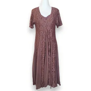 Vintage‎ 90s Brown Floral Lace Chiffon Panel Midi Dress Small Romantic Sheer thumbnail 2