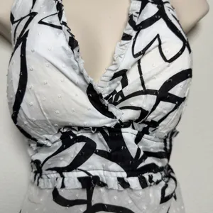 VTG y2k BCX Women Halter Neck Babydoll Top Large White Cotton Black Floral Party thumbnail 3