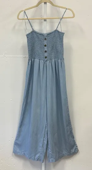 Love Tree Blue Tencel Smocked Wide Leg Jumpsuit Womens Medium 3487RM Pocketed thumbnail 1