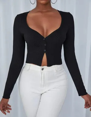 Black Ribbed Long Sleeve Crop Top thumbnail 1