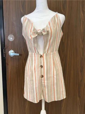 Cupshe Cream and Rust Striped Tie-Front Romper thumbnail 6