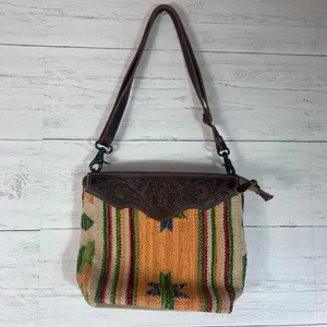 Myra handmade tooled bag leather & cotton carve detachable strap thumbnail 2