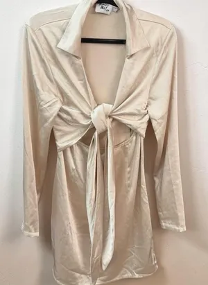 Princess Polly Monty Satin Long Sleeve‎ Tie Front Mini Dress in Champagne - 6 thumbnail 1
