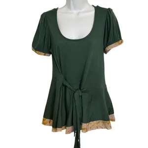 ANTHROPOLOGIE LEFT OF CENTER Forest Green Peplum‎ Tie Waist Puff Sleeve Top S thumbnail 2