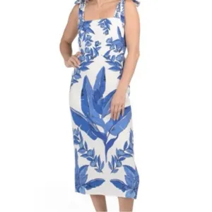 Calypso St Barth Linen Blend Smocked Back‎ Midi Dress Blue White Tropical Size S thumbnail 3