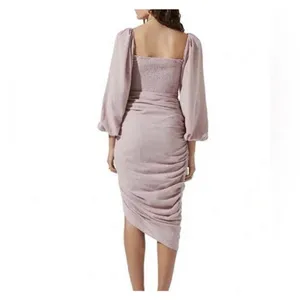 ASTR the Label Athens Ruched Puff Sleeve Shimmer Midi Dress Pink S thumbnail 4