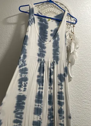 Natural Tie Dye COTTON Maxi Dress Blue/White Women's sz M Boho Style Made in CA thumbnail 5