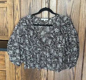 Olivaceous Floral Ruffle Crop Top Dainty Shirt Chocolate Brown Holiday‎ Large thumbnail 1