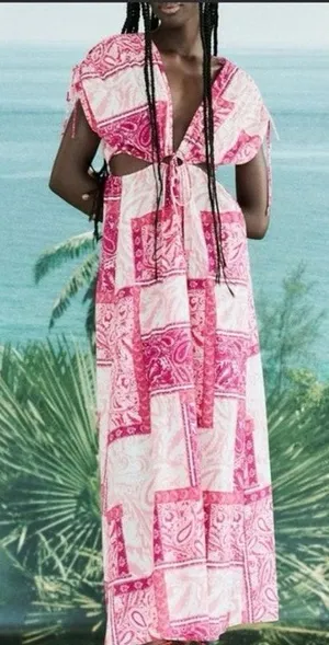 Zara Patchwork Paisley Cotton Maxi Dress Cutout Side M Pink NWT Blogger Favorite thumbnail 1