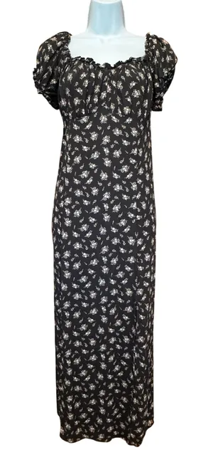 H&M Dark‎ Floral Milkmaid Puff Sleeve Maxi Dress L Ruffle Fairy Cottage Whimsigoth thumbnail 1