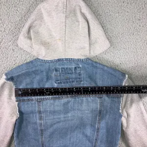 Mixed Media Denim Jacket Women S Blue Distressed Hooded Grunge Punk‎ y2k Stained thumbnail 10