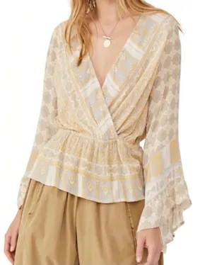 Free People Boho Peplum Top Mustard Floral Long Sleeve V-Neck" Sz S/P thumbnail 1