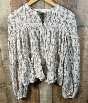 By Anthropologie Floral Block Print Puffy Zip Front Raw Edge Boho Blouse Large thumbnail 1