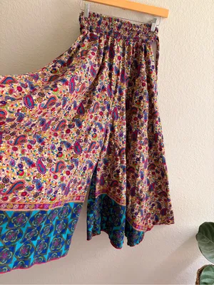 Handmade Boho Paisley Wide Leg Palazzo Pants Smocked Waist Floral Border XS/S thumbnail 5