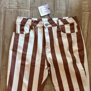 Wysteria Lane Brown & White Striped High-rise, flare jeans with a raw/frayed hem thumbnail 3