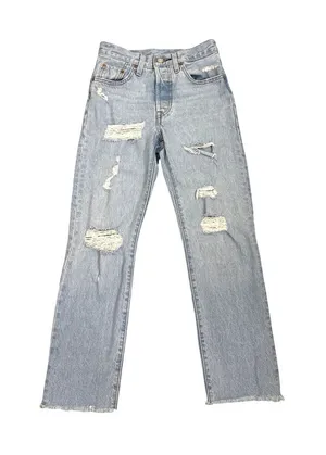 Levi's 501 Denim Button Fly Distressed Straight Leg Blue Jeans Size Women's 24 thumbnail 1
