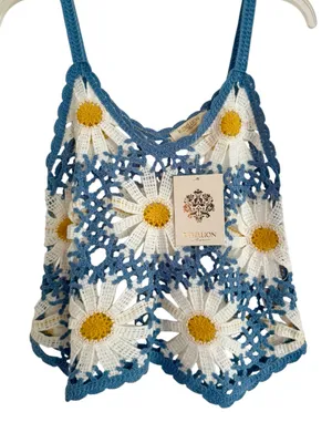 NWT Rebellion Daisy Crochet Tank Top Blue White Floral Boho Festival Y2K Size S thumbnail 5