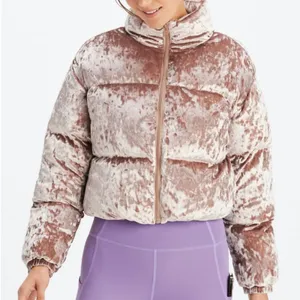 Fabletics Teddy Pink Wander Crushed Velour Crop Puffer Jacket Large thumbnail 1