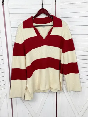 A New Day Rugby Stripe Polo Collar‎ Oversized Sweater Cream Red Large Preppy thumbnail 8
