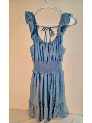 Threadgrit Star Print Ruffle Sleeve Smocked Waist Chambray Mini Dress Small W263 thumbnail 2