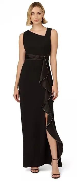 Adrianna Papell Women's Ruffled Gown Size 4 Black Ruffle‎ Asymmetrical Neckline thumbnail 1