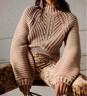 Free People Tan Knitted Chunky Cropped Sweater, Medium thumbnail 1