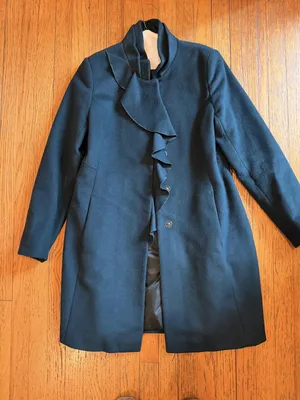 DKNY Coat Womens 12 Green Wool Blend Ruffle Front Snap Button Long Jacket thumbnail 1