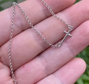 Sideways Cross Minimalist Sterling Silver Necklace thumbnail 4