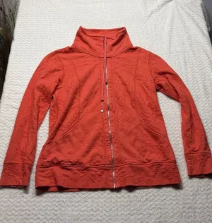Tommy Bahama Womens Coral Orange Jacquard Tropical Leaf Full Zip Sweatshirt M thumbnail 1