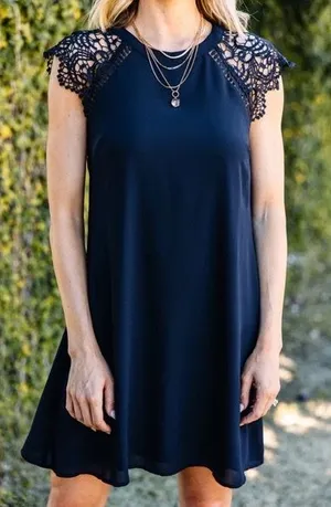 Altar’d State Crochet Sleeve Shift Dress Navy Blue Mini Lined thumbnail 1