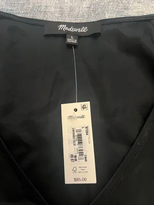 NWT! Madewell Black Satin Shirred Puff Sleeve V Neck Top Large thumbnail 4