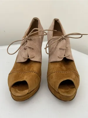 J Crew Peep Toe Suede Oxford Heels Tan Camel Two Tone Size 8 thumbnail 4