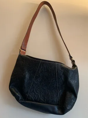 Fossil Black Embossed Shoulder Bag Tan Strap Purse Vintage 1990s Y2K thumbnail 1